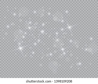 Dust white. White sparks and golden stars shine with special light. Vector sparkles on a transparent background. Christmas abstract pattern. Sparkling magical dust particles.