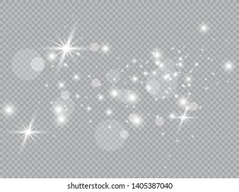 Dust white. White sparks and golden stars shine with special light. Vector sparkles on a transparent background. Christmas abstract pattern. Sparkling magical dust particles.