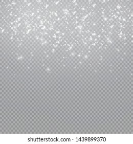Dust white. White sparks and golden stars shine with special light. Vector sparkles on a transparent background. Christmas abstract pattern. Sparkling magical dust particles.