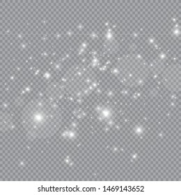 Dust white. White sparks and golden stars shine with special light. Vector sparkles on a transparent background. Christmas abstract pattern. Sparkling magical dust particles.