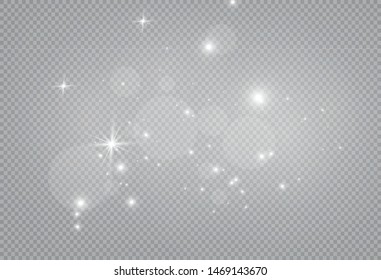 Dust white. White sparks and golden stars shine with special light. Vector sparkles on a transparent background. Christmas abstract pattern. Sparkling magical dust particles.