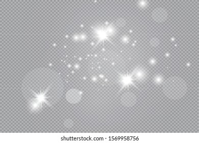 Dust white. White sparks and golden stars shine with special light. Vector sparkles on a transparent background. Christmas abstract pattern. Sparkling magical dust particles.