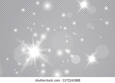 Dust white. White sparks and golden stars shine with special light. Vector sparkles on a transparent background. Christmas abstract pattern. Sparkling magical dust particles.