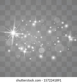 Dust white. White sparks and golden stars shine with special light. Vector sparkles on a transparent background. Christmas abstract pattern. Sparkling magical dust particles.
