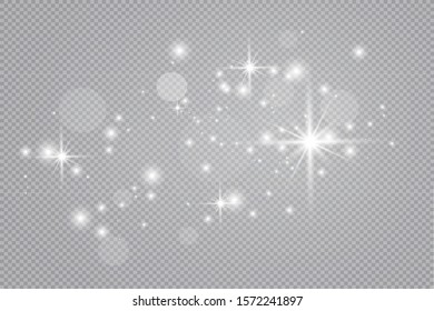 Dust white. White sparks and golden stars shine with special light. Vector sparkles on a transparent background. Christmas abstract pattern. Sparkling magical dust particles.