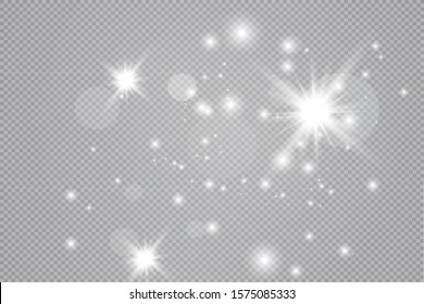 Dust white. White sparks and golden stars shine with special light. Vector sparkles on a transparent background. Christmas abstract pattern. Sparkling magical dust particles.