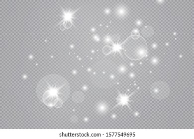 Dust white. White sparks and golden stars shine with special light. Vector sparkles on a transparent background. Christmas abstract pattern. Sparkling magical dust particles.