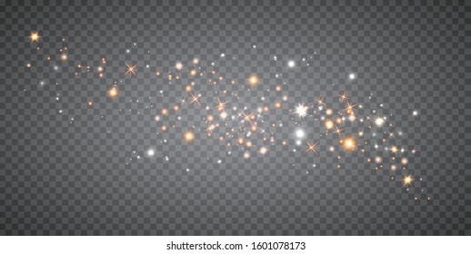 Dust white. White sparks and golden stars shine with special light. Vector sparkles on a transparent background.