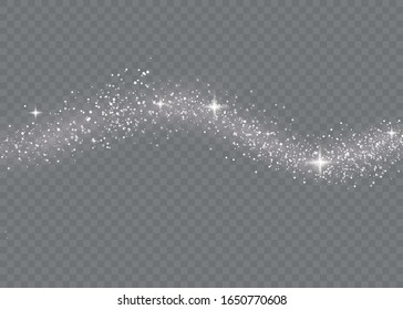 Dust white. White sparks and golden stars shine with special light. Vector sparkles on a transparent background. Christmas abstract pattern.