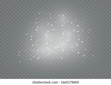 Dust white. White sparks and golden stars shine with special light. Vector sparkles on a transparent background. Christmas abstract pattern.