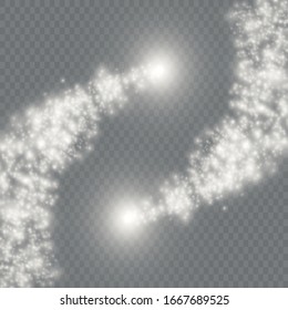 Dust white. White sparks and golden stars shine with special light. Vector sparkles on a transparent background. Christmas abstract pattern.