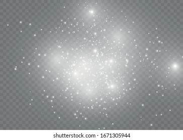 Dust white. White sparks and golden stars shine with special light. Vector sparkles on a transparent background. Christmas abstract pattern.