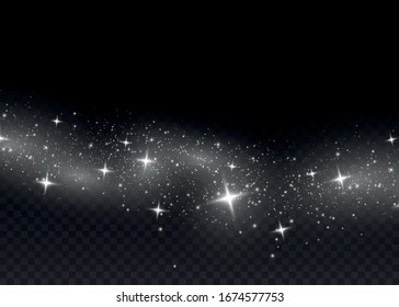 Dust white. White sparks and golden stars shine with special light. Vector sparkles on a transparent background. Christmas abstract pattern.