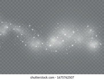 Dust white. White sparks and golden stars shine with special light. Vector sparkles on a transparent background. Christmas abstract pattern.