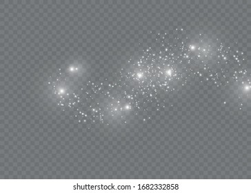Dust white. White sparks and golden stars shine with special light. Vector sparkles on a transparent background. Christmas abstract pattern.
