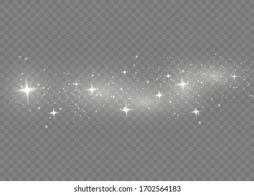 Dust white. White sparks and golden stars shine with special light. Vector sparkles on a transparent background. Christmas abstract pattern.