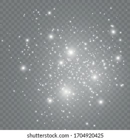 Dust white. White sparks and golden stars shine with special light. Vector sparkles on a transparent background. Christmas abstract pattern.