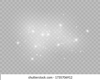 Dust white. White sparks and golden stars shine with special light. Vector sparkles on a transparent background. Christmas abstract pattern. Sparkling magical dust particles., EPS 10