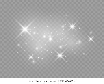 Dust white. White sparks and golden stars shine with special light. Vector sparkles on a transparent background. Christmas abstract pattern. Sparkling magical dust particles., EPS 10