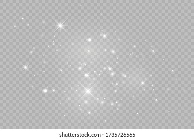 Dust white. White sparks and golden stars shine with special light. Vector sparkles on a transparent background