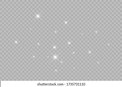 Dust white. White sparks and golden stars shine with special light. Vector sparkles on a transparent background
