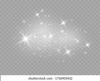 Dust white. White sparks and golden stars shine with special light. Vector sparkles on a transparent background. Christmas abstract pattern. Sparkling magical dust particles., EPS 10