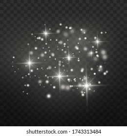 Dust white. White sparks and golden stars shine with special light. Vector sparkles on a transparent background. Christmas abstract pattern.