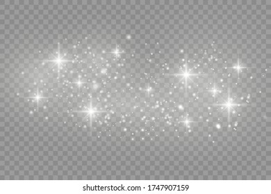 Dust white. White sparks and golden stars shine with special light. Vector sparkles on a transparent background. Christmas abstract pattern.