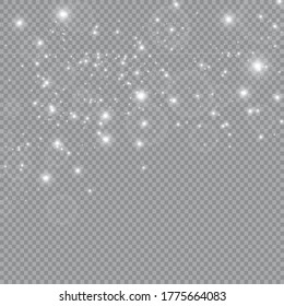 Dust white. White sparks and golden stars shine with special light. sparkles on a transparent background. Christmas abstract pattern. Sparkling magical dust particles.