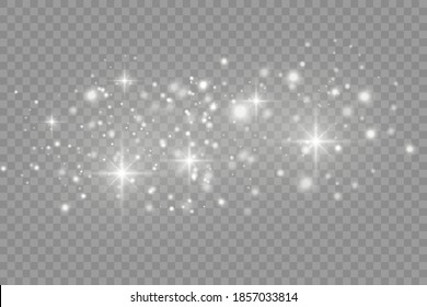 Dust white. White sparks and golden stars shine with special light. Vector sparkles on a transparent background. Christmas abstract pattern.