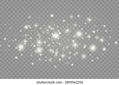 Dust white. White sparks and golden stars shine with special light. Vector sparkles on a transparent background. Christmas abstract pattern.