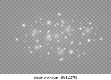Dust white. White sparks and golden stars shine with special light. Vector sparkles on a transparent background. Christmas abstract pattern.