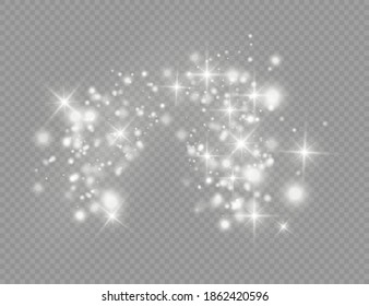 Dust white. White sparks and golden stars shine with special light. Vector sparkles on a transparent background. Christmas abstract pattern.