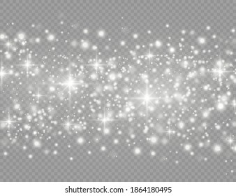 Dust white. White sparks and golden stars shine with special light. Vector sparkles on a transparent background. Christmas abstract pattern.