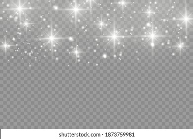 Dust white. White sparks and golden stars shine with special light. Vector sparkles on a transparent background. Christmas abstract pattern.