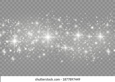 Dust white. White sparks and golden stars shine with special light. Vector sparkles on a transparent background. Christmas abstract pattern.