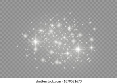 Dust white. White sparks and golden stars shine with special light. Vector sparkles on a transparent background. Christmas abstract pattern.