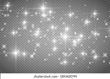 Dust white. White sparks and golden stars shine with special light. Vector sparkles on a transparent background. Christmas abstract pattern. Sparkling magical dust particles.