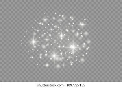 Dust white. White sparks and golden stars shine with special light. Vector sparkles on a transparent background. Christmas abstract pattern.