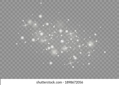 Dust white. White sparks and golden stars shine with special light. Vector sparkles on a transparent background. Christmas abstract pattern.