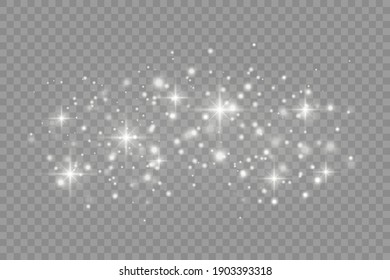 Dust white. White sparks and golden stars shine with special light. Vector sparkles on a transparent background. Christmas abstract pattern.