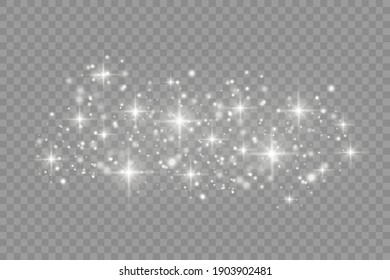 Dust white. White sparks and golden stars shine with special light. Vector sparkles on a transparent background. Christmas abstract pattern.