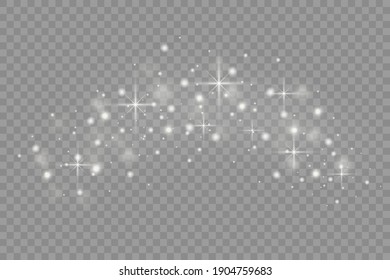 Dust white. White sparks and golden stars shine with special light. Vector sparkles on a transparent background. Christmas abstract pattern.