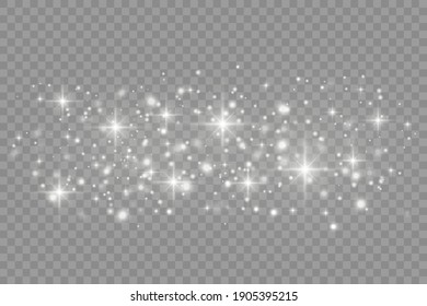 Dust white. White sparks and golden stars shine with special light. Vector sparkles on a transparent background. Christmas abstract pattern.