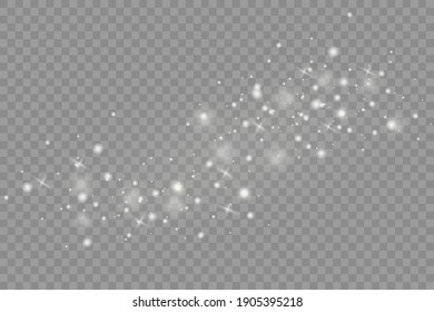 Dust white. White sparks and golden stars shine with special light. Vector sparkles on a transparent background. Christmas abstract pattern.