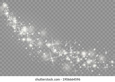 Dust white. White sparks and golden stars shine with special light. Vector sparkles on a transparent background. Christmas abstract pattern.