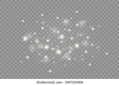 Dust white. White sparks and golden stars shine with special light. Vector sparkles on a transparent background. Christmas abstract pattern.