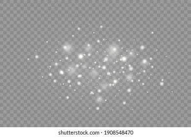 Dust white. White sparks and golden stars shine with special light. Vector sparkles on a transparent background. Christmas abstract pattern.