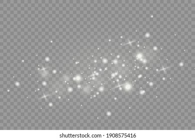 Dust white. White sparks and golden stars shine with special light. Vector sparkles on a transparent background. Christmas abstract pattern.