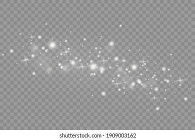 Dust white. White sparks and golden stars shine with special light. Vector sparkles on a transparent background. Christmas abstract pattern.